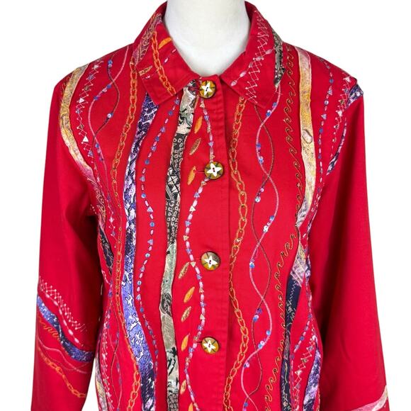 Coldwater Creek Red Woven Embroidered Embellished Art to Wear Button Jacket - Picture 4 of 11